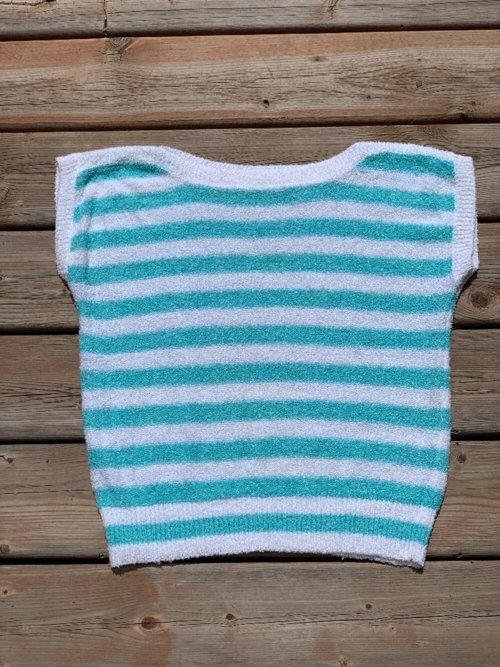 Vtg Striped Boxy Sweater M White Pastel Blue Retro 70s 80s Short Sleeve Pullover
